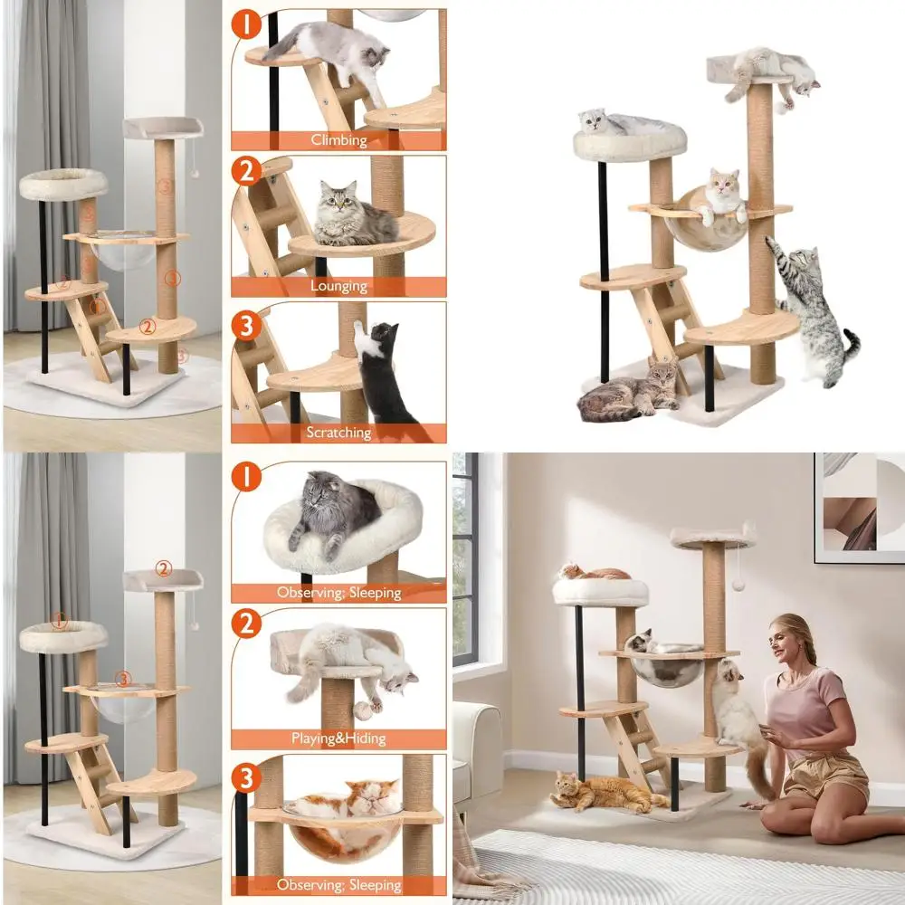 

40 High Cat Wood Tower Indoor, Plush Perch, Large Capsule, Platforms, Sisal Posts, Removable Pads
