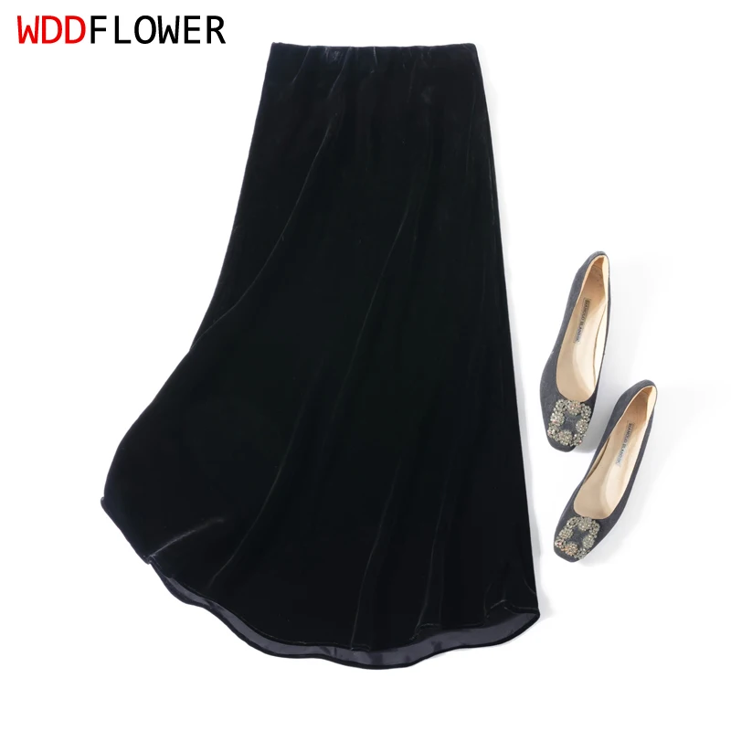 

Women Velvet Silk Midi Skirt 100% Mulberry Silk Lining Fishtail Line Black Elastic Waist Chic Skirts Office Lady M1193