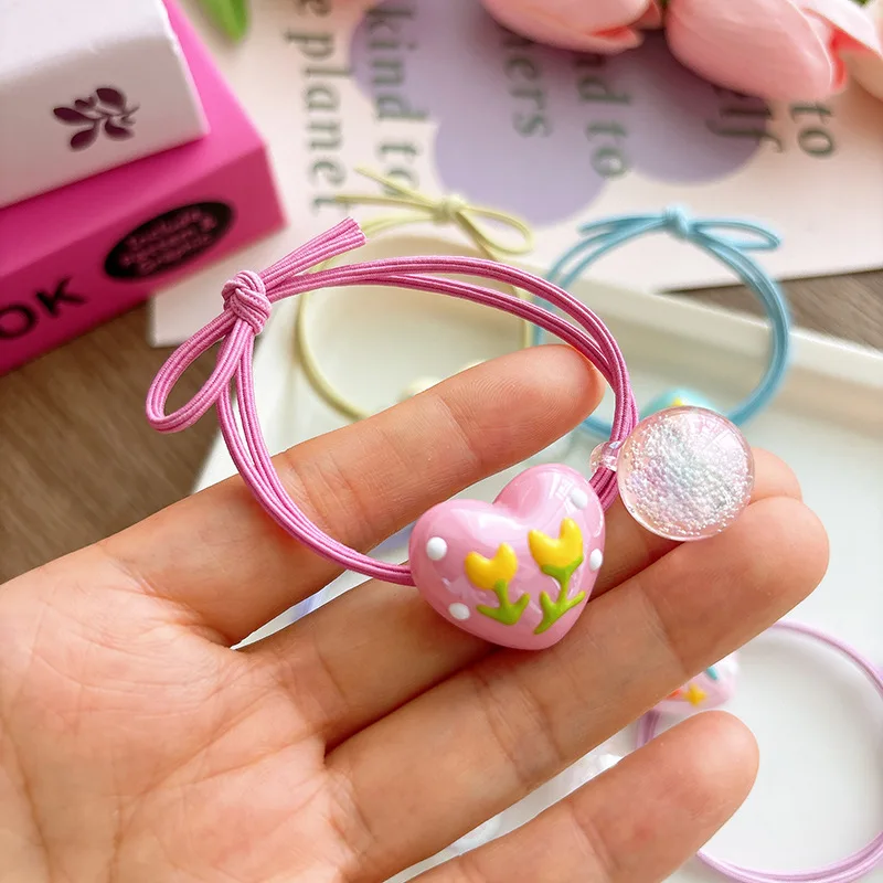 

Радужные резинки для волос, эластичные резинки для волос в корейском стиле, расшитые бисером, милый дизайн с сердечками для женщин и девочек, цельный предмет без тяги