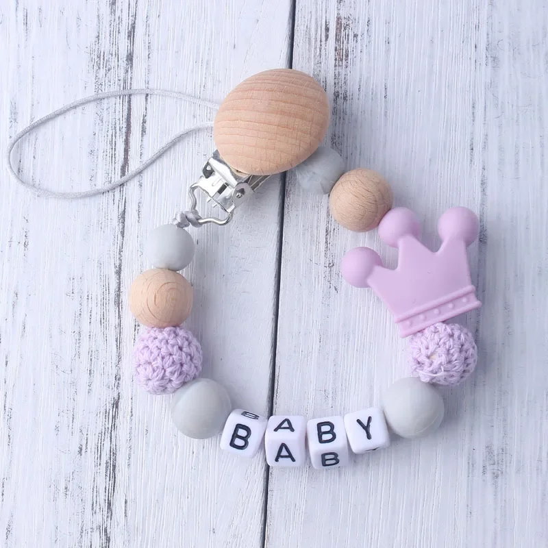 NEW Custom Personalized Name Pacifier Clip Handmade Beech Wooden Chain Silicone Crown Holder Soother Baby Teething Toy Chew Gift