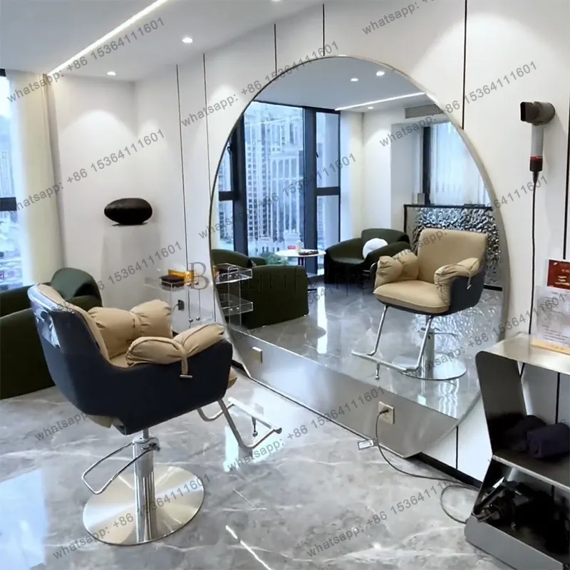 Big round mirror trendy barber shop hair salon VIP private room hair salon special mirror table LED hanging on the wall
