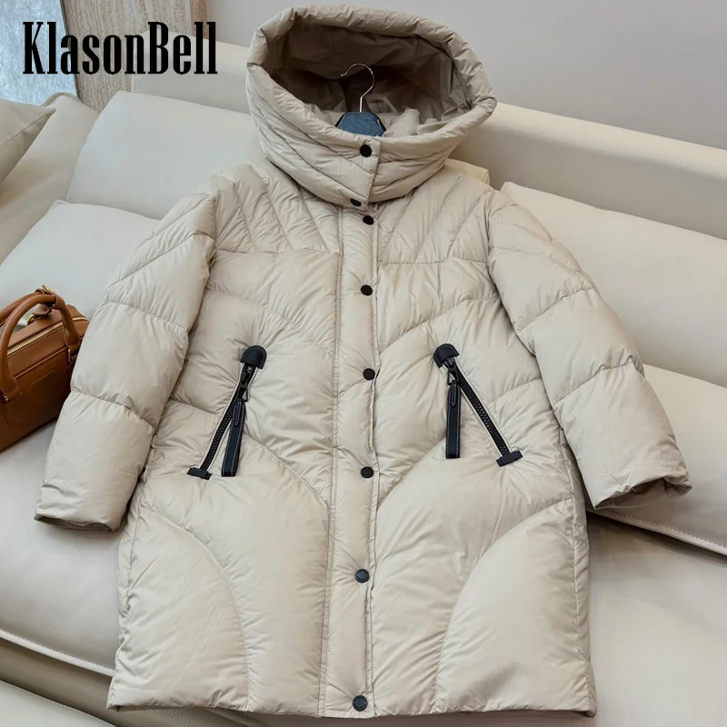 8.28 KlasonBell-Women Fashion Hat Detachable Loose Down Jacket Zipper Pocket Design Mid-Length Goose Down Keep Warm Outerwear