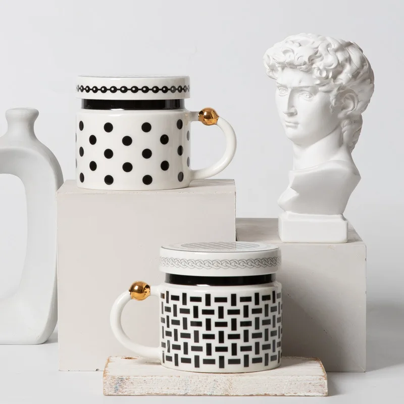 Black and White Polka Dot Mug,Hepburn Style Ceramic Breakfast Cup with Lid Coffee Cup,Exquisite High-end Luxury Gift for Friends