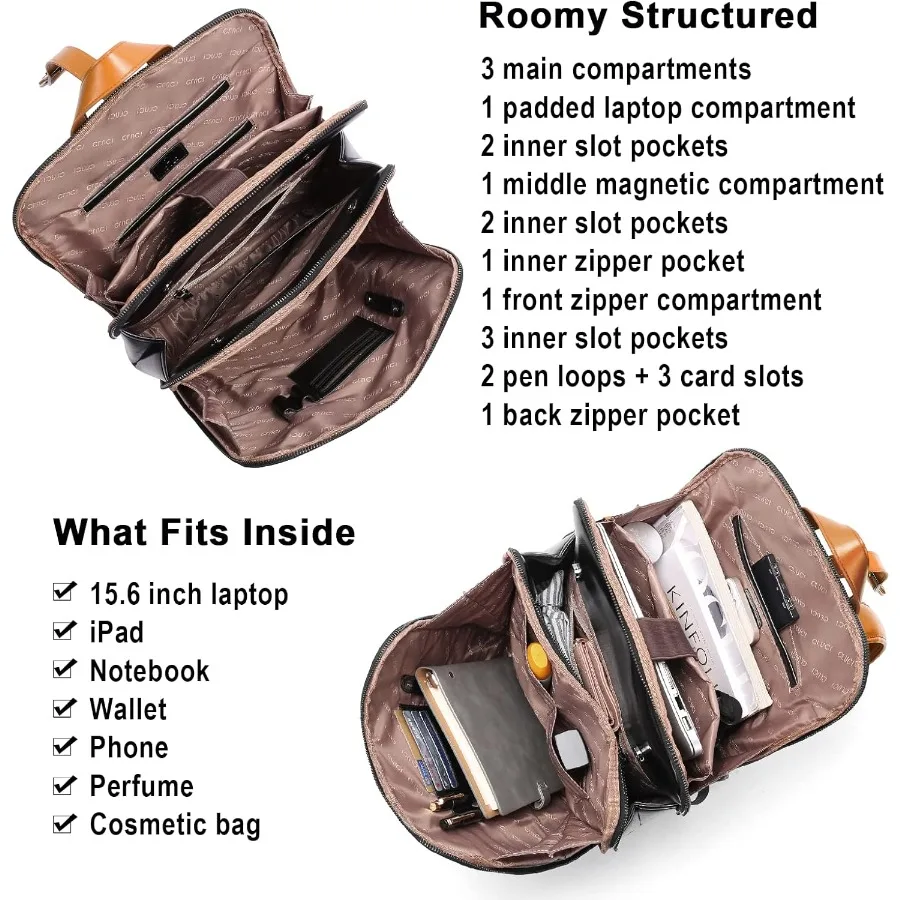 حقيبة ظهر جلدية للنساء مقاس 15.6 بوصة حقيبة كمبيوتر محمول كبيرة حقيبة ظهر أصلية للعمل للسفر