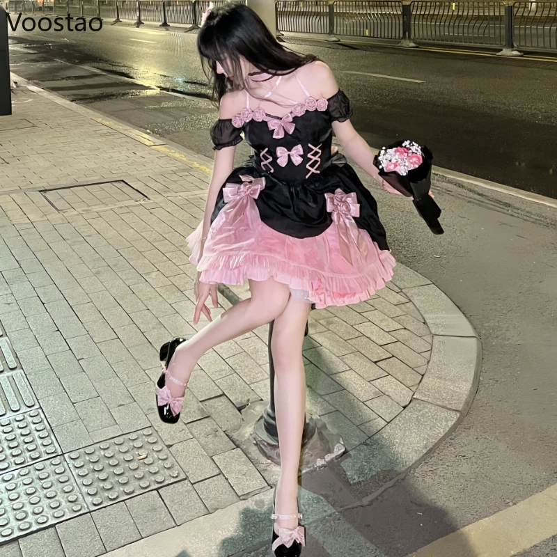 Japońska sukienka Gothic Lolita kobiety słodka czarna różowa księżniczka Mini sukienki dziewczyny Kawaii bandaż róża kokarda suknia wieczorowa