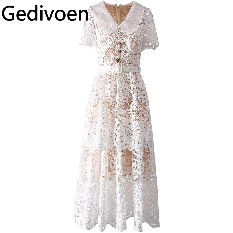 

Gedivoen Summer Fashion Runway Designer Dresses Women's Vintage Solid Color Hollow Out Embroidery Nail Bead Sashes Lace Dresses