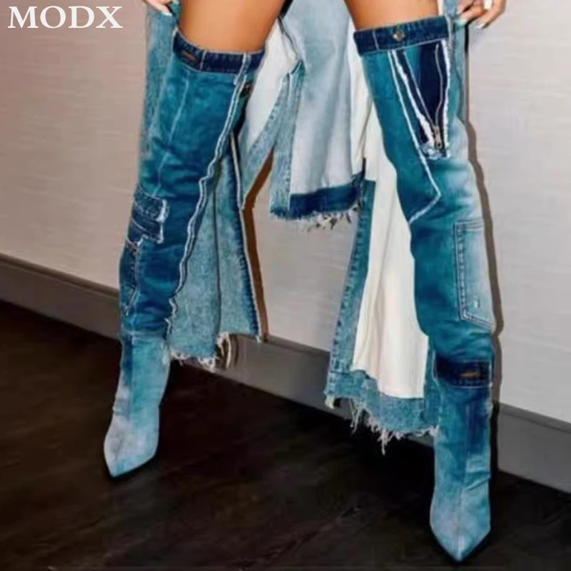 

Washed Blue Denim Over The Knee Boots Pointed Toe Pocket Splice Rivet Thin High Heels Street Style 2024 Fashion Big Size Boot 43