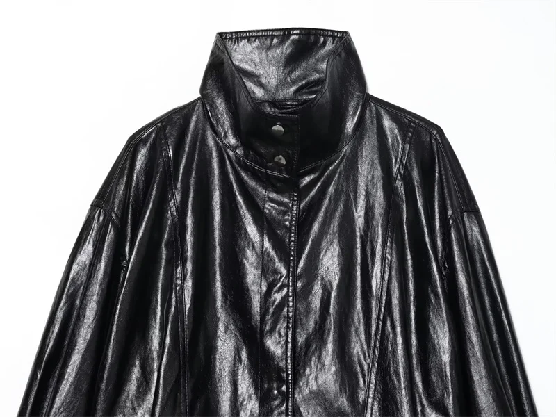 Женская куртка 2024, осеннее новое поступление, черная куртка-пилот из искусственной кожи с длинными рукавами, свободная куртка-пилот, модный модный стиль