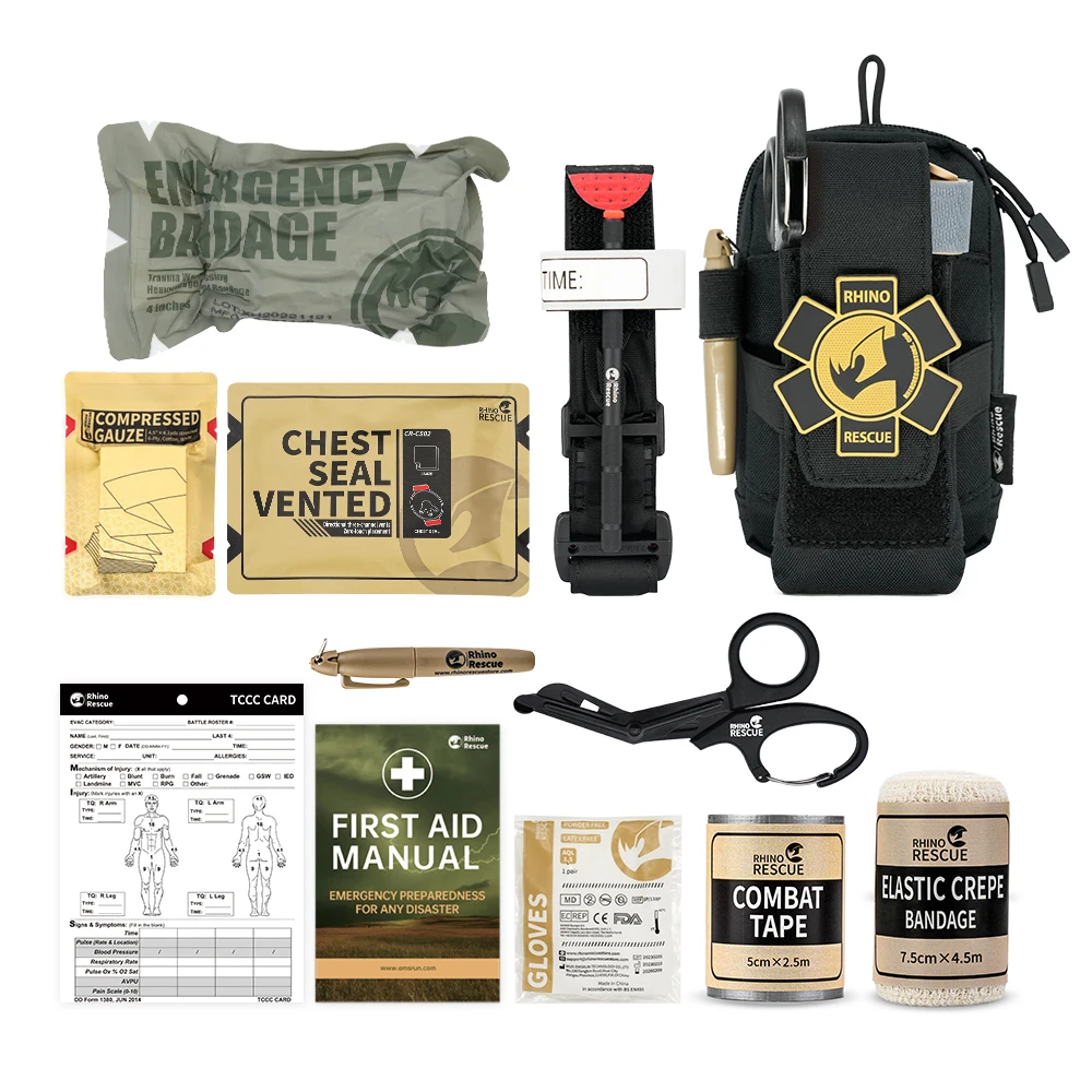 RHINO RESCUE EDC IFAK Kit Trauma bertahan hidup Molle kantong taktis dengan turniket logam, perban, segel dada untuk tas mendaki berkemah