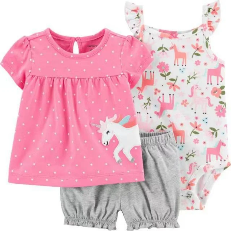 3-Piece Summer Newborn Baby Clothes Short-Sleeved +Shorts+Sling Onesie Leisure Suits Sweet and Cute Girls Bebe Children Clothing