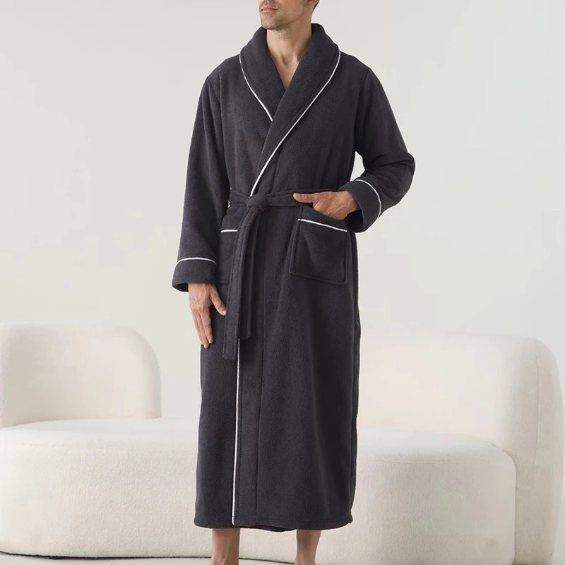 HEZIOWYUN Men's Plush Thicken Long Bathrobe Shawl Collar Soft Long Sleeve Lapel Spa Robe with Belt Winter Warm Robes Bath Shower