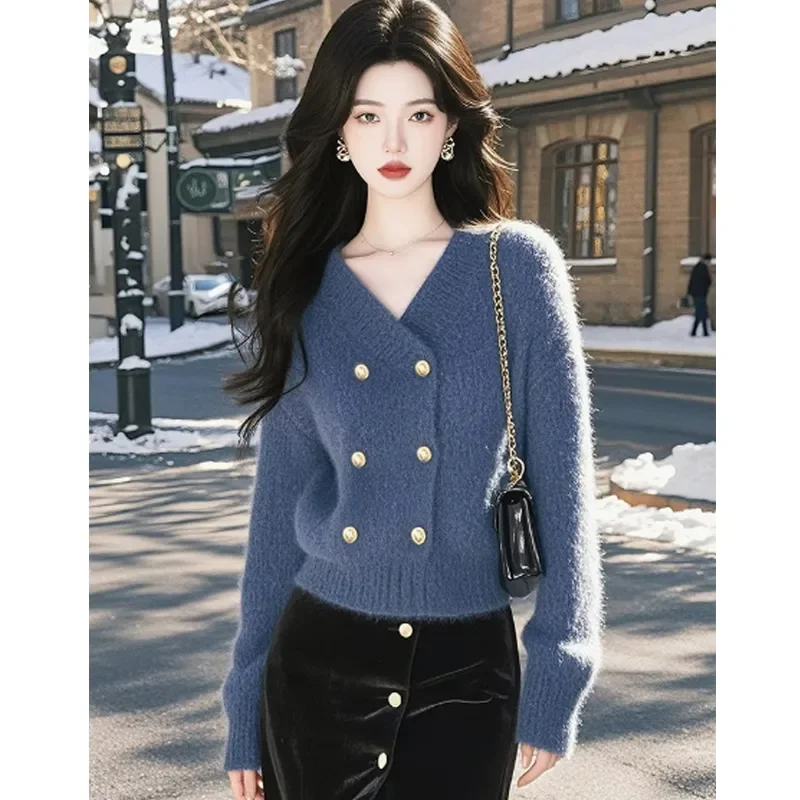 

Blue V-neck Double-breasted Knitted Cardigan Women's Versatile Top