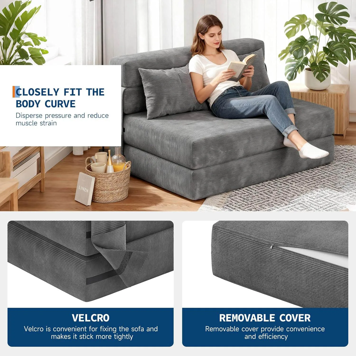Klappbares Schlafsofa und Stuhlbett, umwandelbares Schlafsofa, ausklappbares Sofa, Couch mit Kissen, getufteter Boden, Lounge für Wohnzimmer, Schlafzimmer – Detail 6
