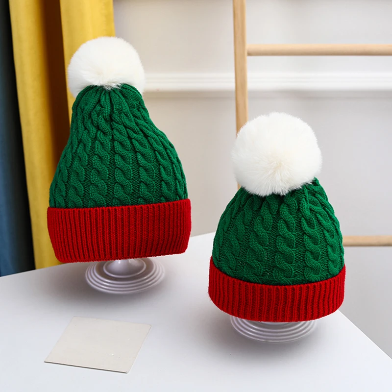 Christmas Baby Hat Warm Winter Knitted Baby Beanie Cap Solid Outdoor Pompom Toddler Children Hat Bonnet 2 sizes for Adult Kids