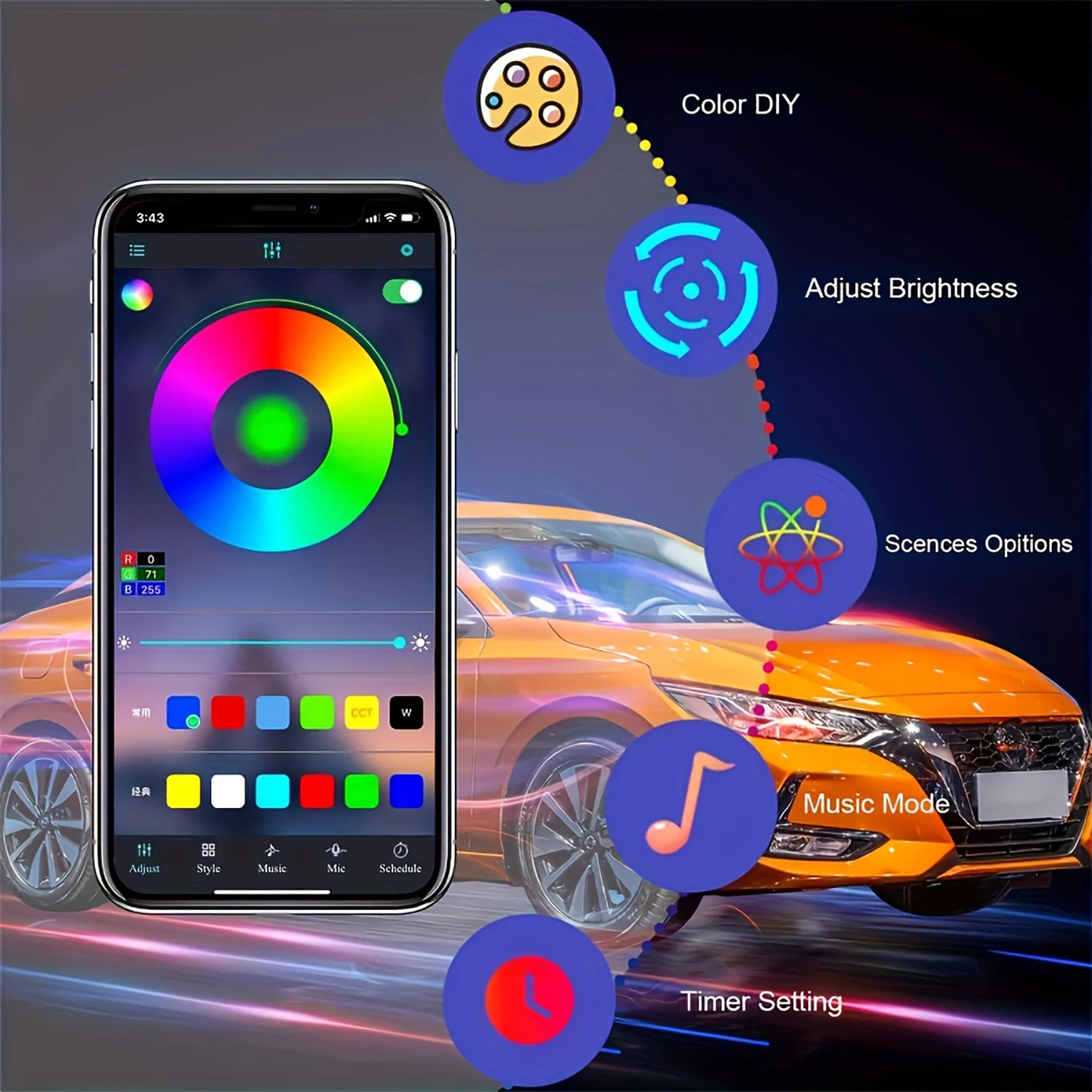 3m/118 inch Auto Ambient Lighting Car LED Interior Strip Light USB with RGB 16 Million Colors Fiber Optics Neon Decorative Lamps