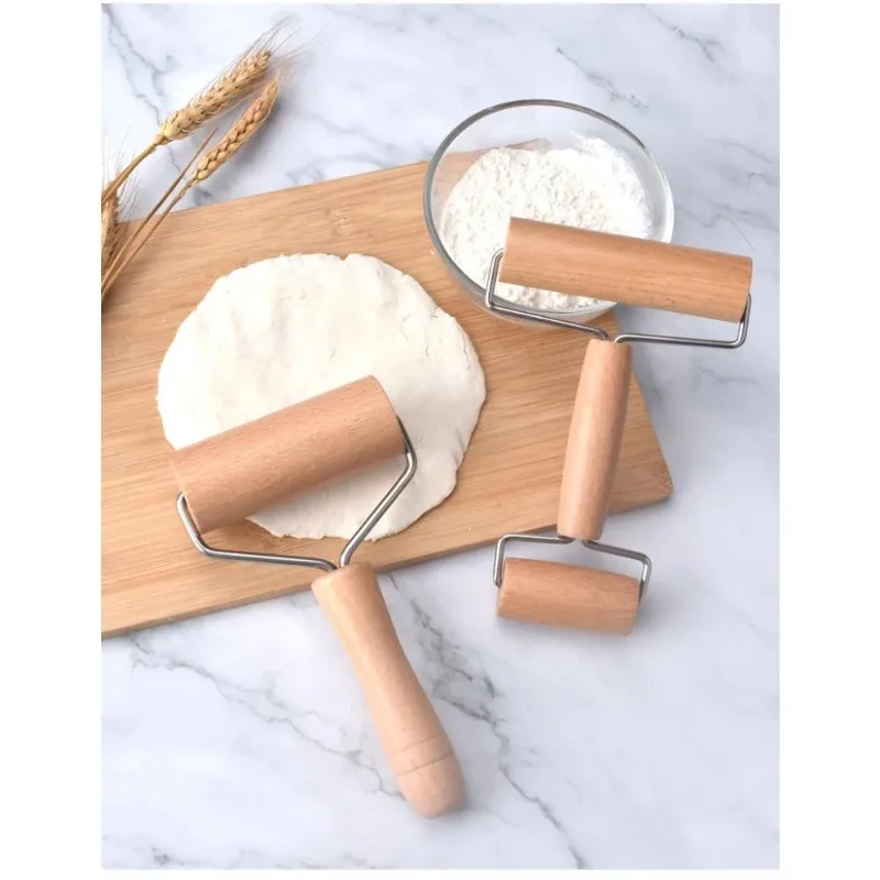 Rolling Pin Wooden Baking Utensil Single Wheel Double Handle Rolling Pin Hand Solid Wood Rolling Pin Roller Noodle Rolling Stick