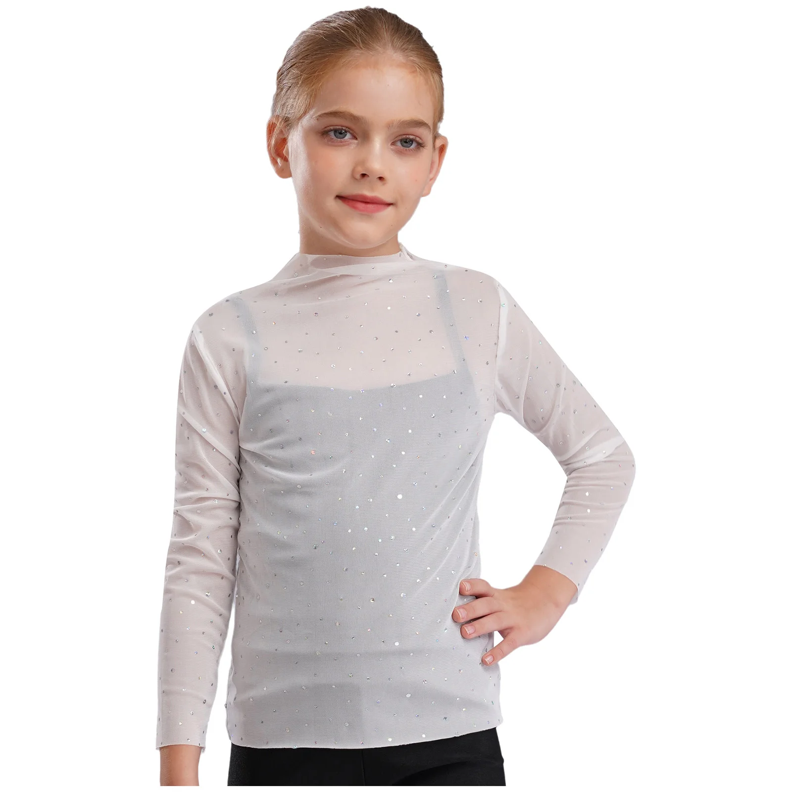 Fashionable See Through Top Kids Girls Sheer Mesh Shiny Sequins Tops Long Sleeve Summer Sun Protection T-shirt Cover Top