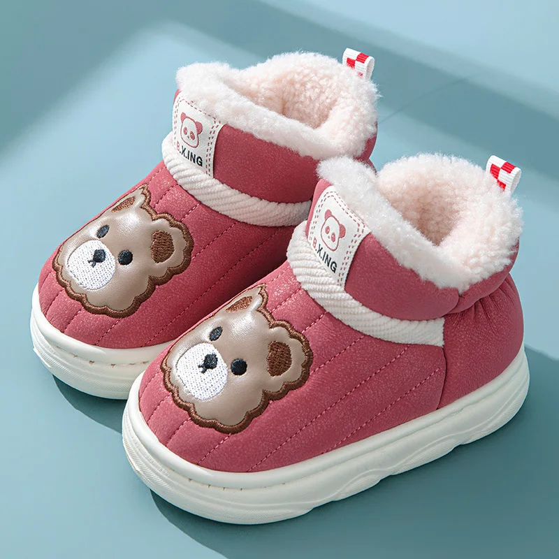 Cartoon Bear Kids Slippers Winter PU Leather Boys Girls Slippers Thick Warm Plush Soft Bottom Children Home Shoes