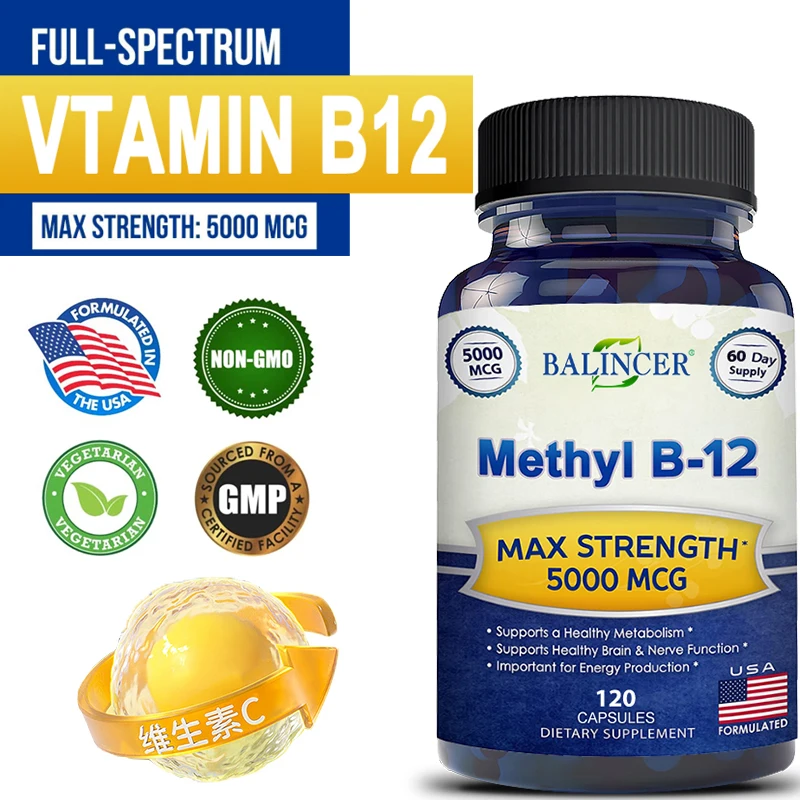 Methyl B-12 500mcg Vitamin B12 Capsules Energy Metabolism Nervous System Blood Cell Care Anxiety & Irritation Relief Supplement