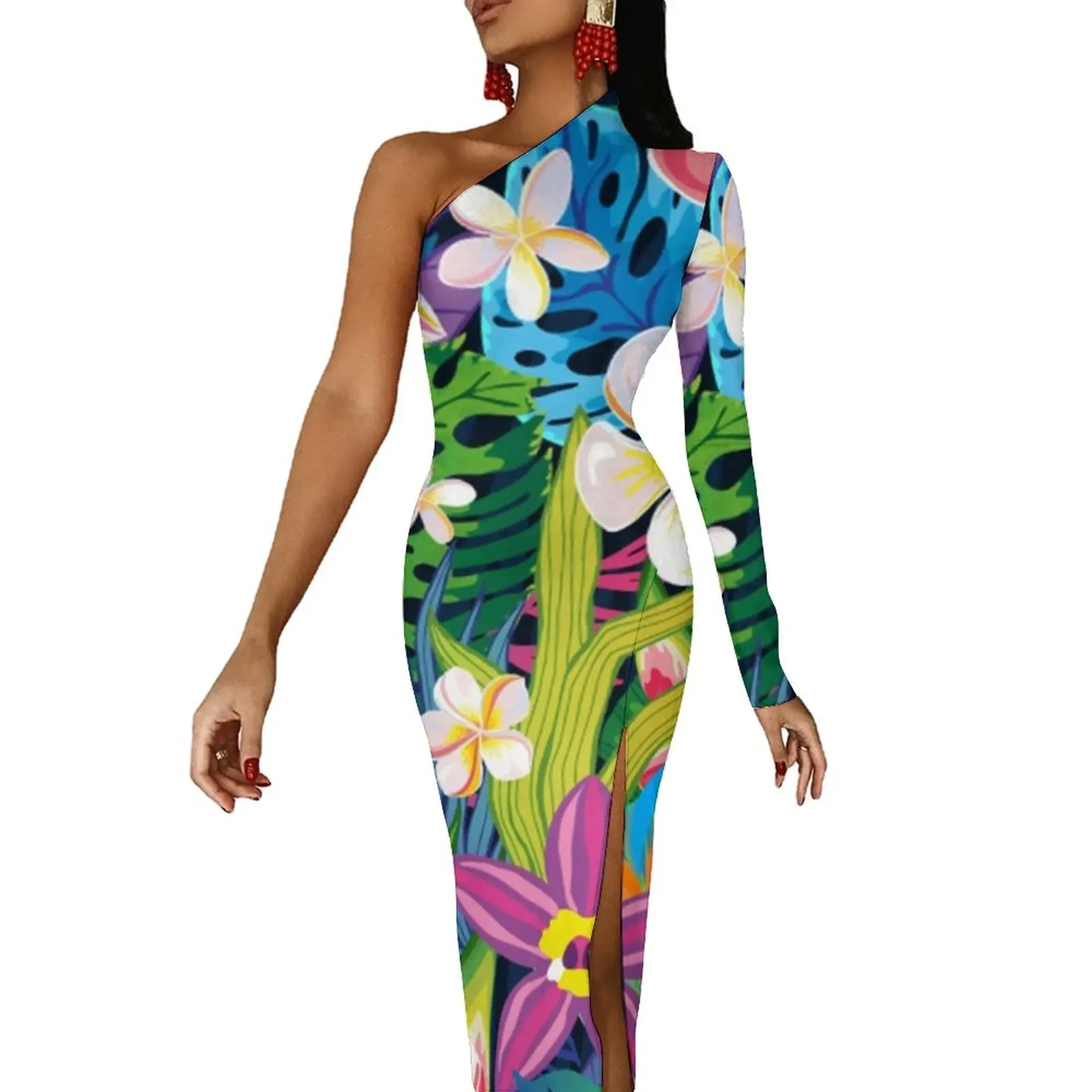 Colorful Tropical Floral Long Dress Ladies Bright Flower Print Party Maxi Dress One Shoulder Modern Bodycon Dresses Vestidos