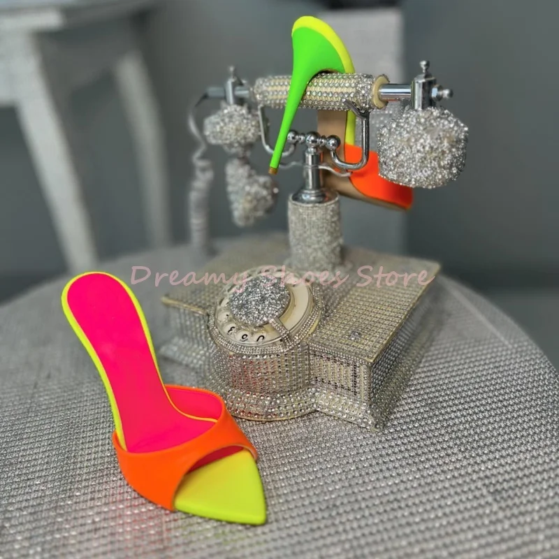 

Patchwork Pvc Patent Leather Pointed Toe Slippers Women Peep Toe Slip On Thin High Heels Sexy Fashion Party Club Summer Shoes