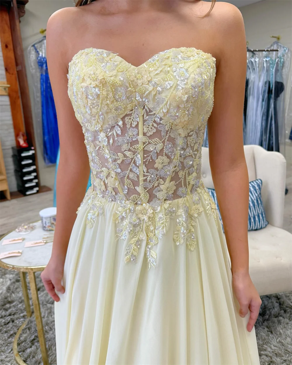 Amanda Customized Strapless Beaded Illusion Prom Dresses Appliques Lace-Up vestidos de noche Pleated Floor-Length Formal Evening