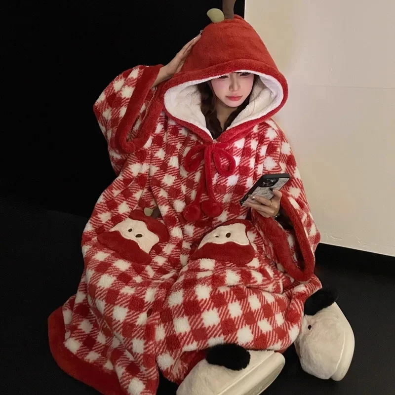 

Y2K Apple Hoodie Robe Pajama Set Flannel Sleepwear For Women Apple Thick Warm Mid-Long Homewear Suit For Autumn Winter Top New