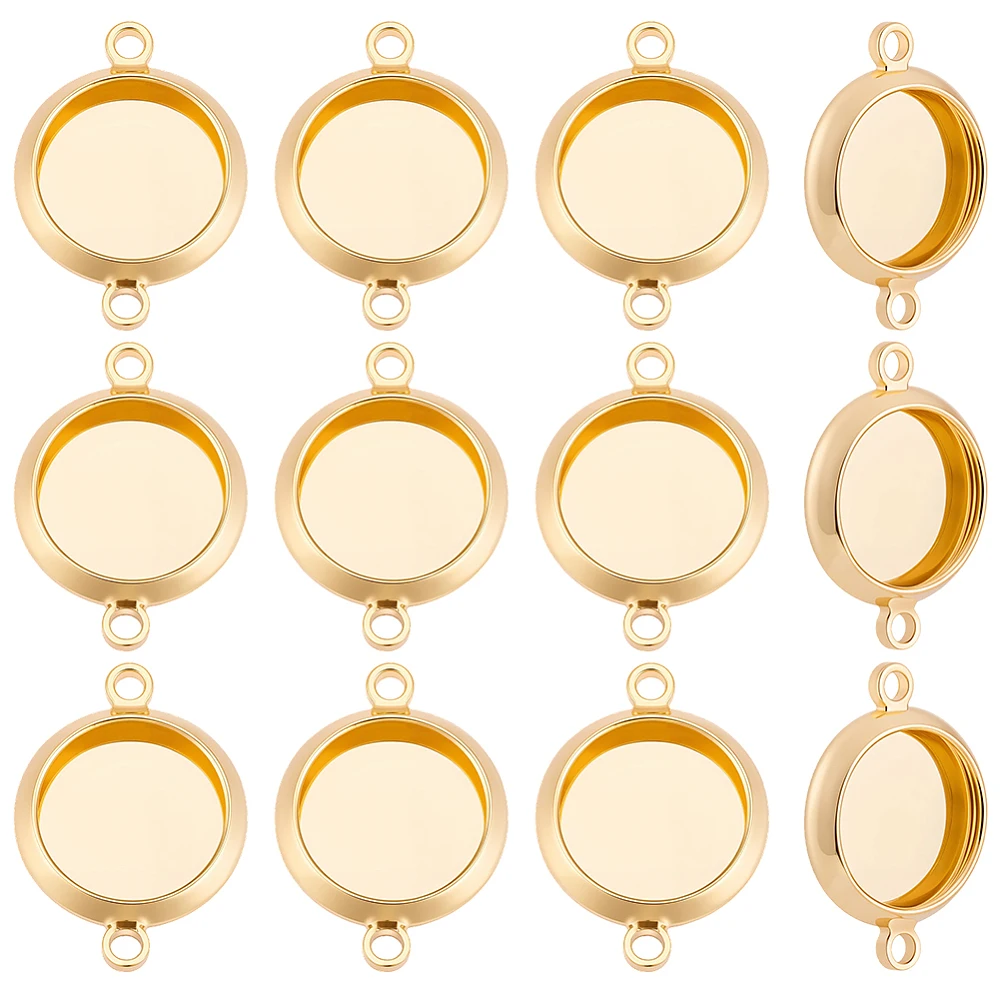 1 Box 30Pcs Connector Cabochon Settings 18K Gold Plated Brass Round Blank Bezel Pendant with Double Loops for Jewelry Making DIY