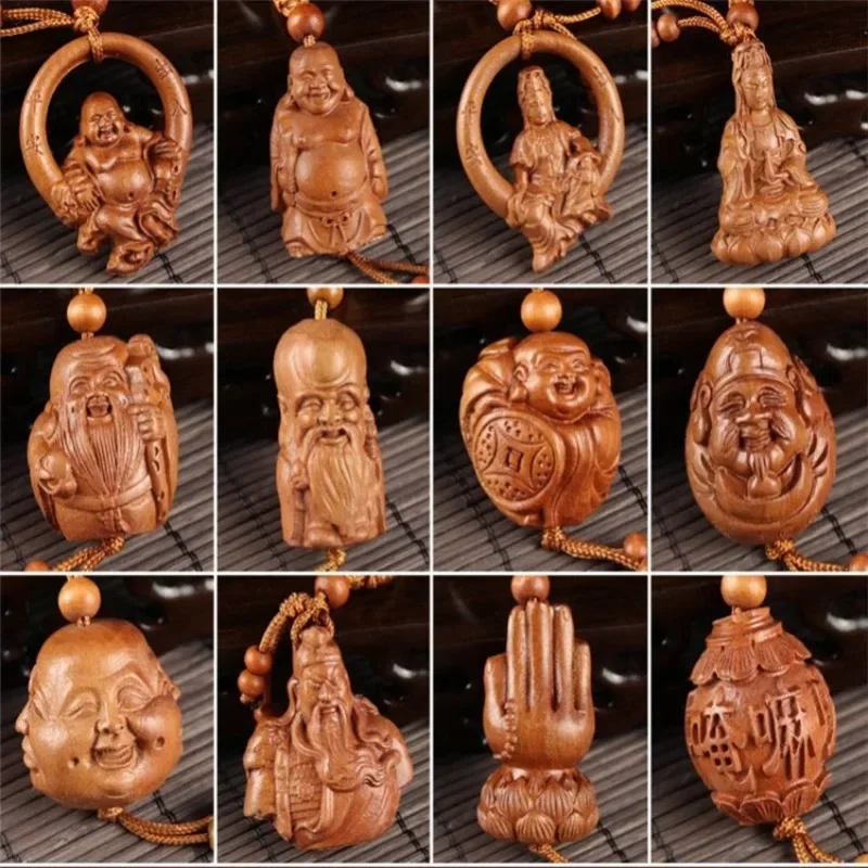 Hot Selling Buddhism Peach Wooden Keyring Wood Engrave Guanyin Bodhisattva Pray Lucky Buddha Keychain