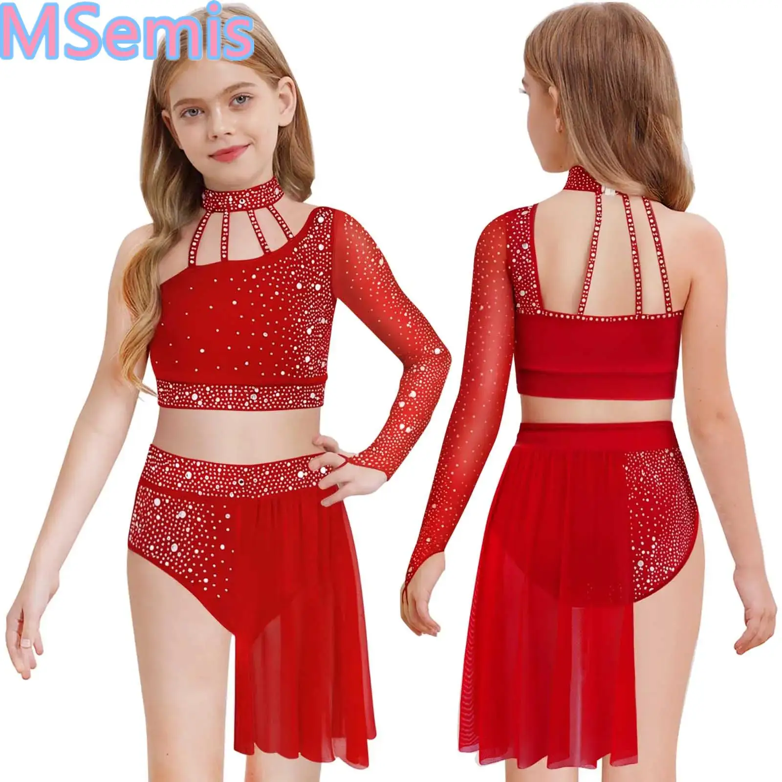 

Kids Girls Sheer Mesh Dance Outfit Modern Lyrical One Shoulder Long Sleeve Shiny Rhinestone Crop Top with Irregular Skirt