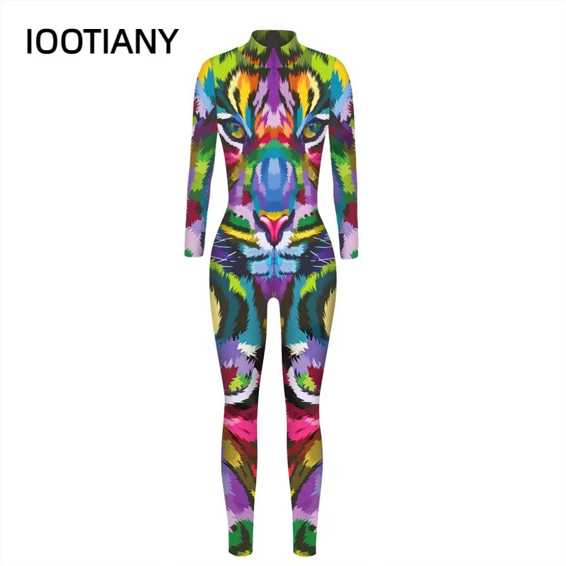 

IOOTIANY Colorful 3D Tiger Print Jumpsuit Long Sleeve Sexy Women Skinny Jumpsuit Party Series Elastic Bodysuits