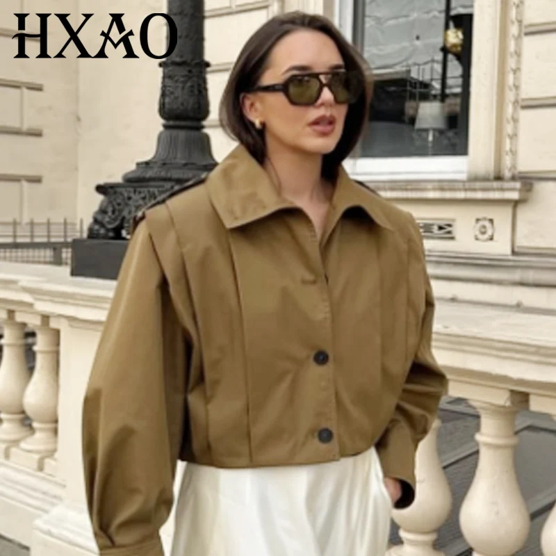 

HXAO Pleated Loose Jacket Women's Jackets Demi-Season Crop Brown Outerwears Oversized Button Long Sleeve Coats Fashion Jackets