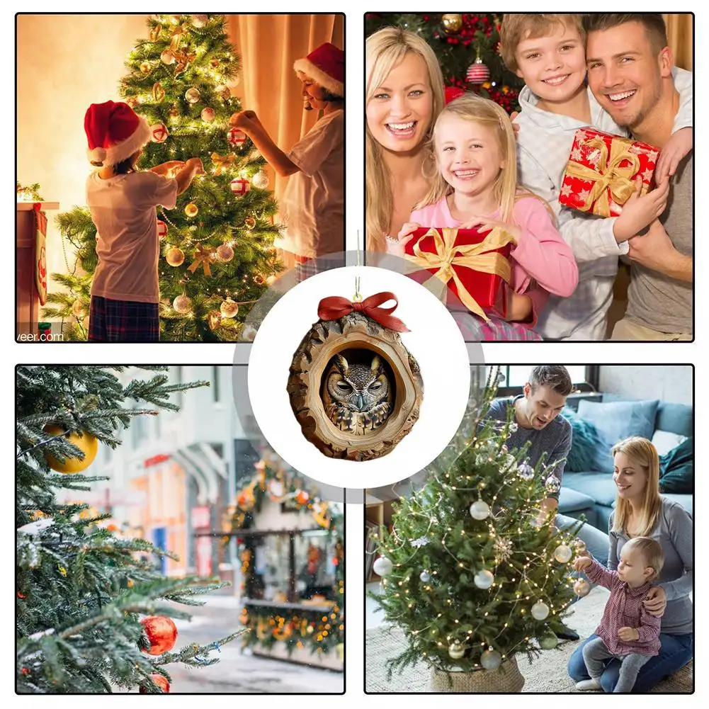 2D Cute Owl Christmas Ornament Animal Christmas Acrylic Pendant Hanging Gift Tree Tags Car Rearview Mirror Hanging Decoration