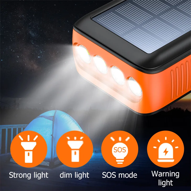 Banque d'alimentation solaire portable, batterie de secours, lampe de poche LED, 3 câbles intégrés, batterie extérieure, 2 ports USB, 50000mAh