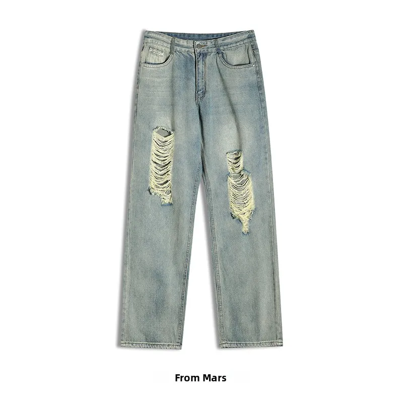 

Винтажные рваные джинсы свободного прямого кроя в китайском уличном стиле, модные длинные брюки BF Fit для летней повседневной носки