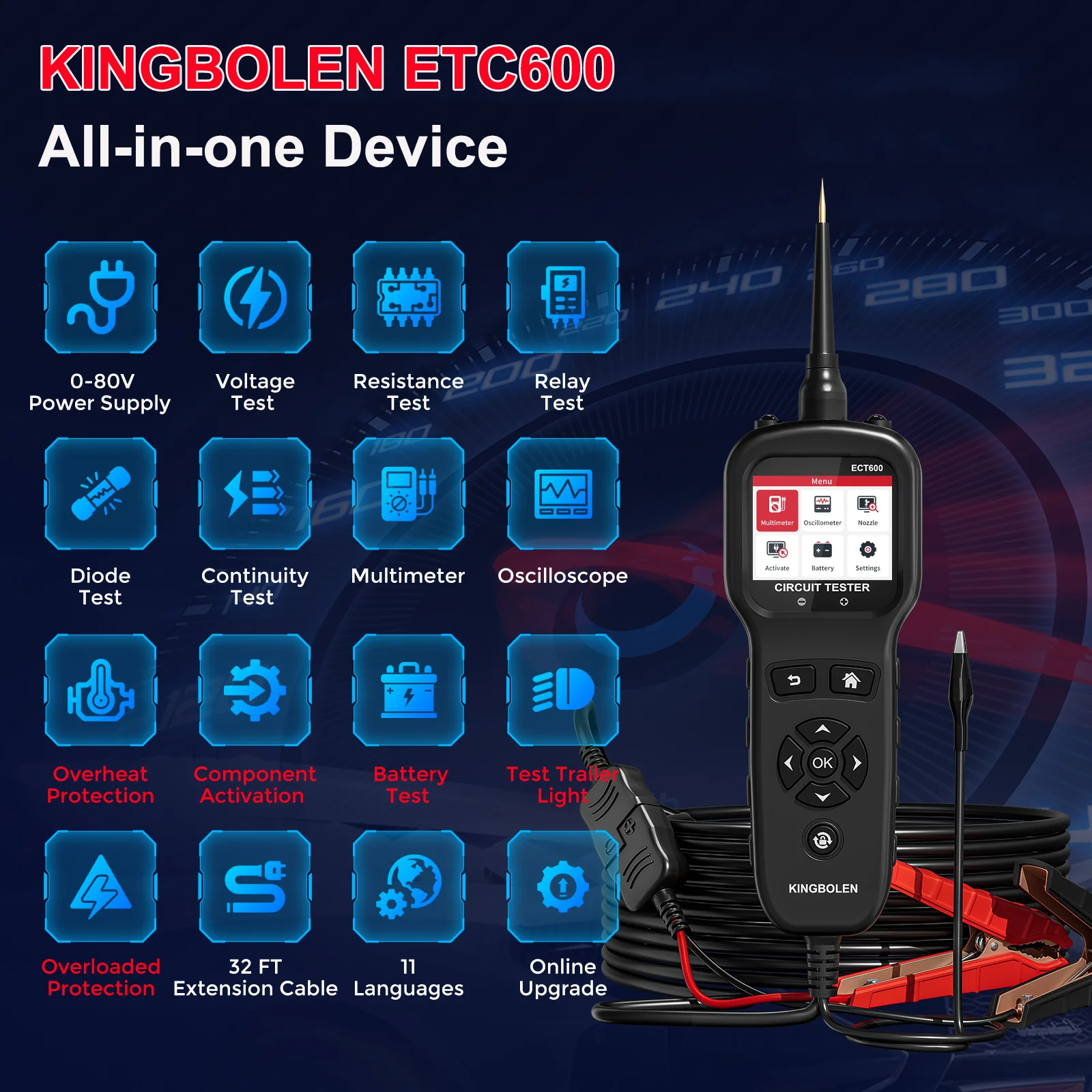 

KINGBOLEN ECT600 Auto Circuit Tester for 0-80V vehicle electrical systems Part Activation 12V 24V Battery Test Injector Test
