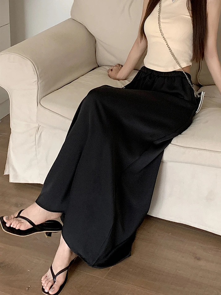 Summer New Women's Half Length Skirts Hot Selling Satin Finish Elastic Waist Lace-up Casual A-Line Simplicity Solid Vestidos