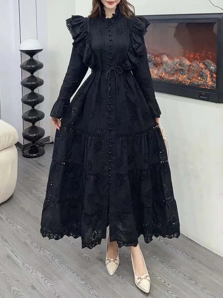 Elegant Lace ruffles long dress Women's 2024 Autumn Beach Hollow out embroidery Maxi dresses Solid Clothing Lady INKEO 4D087