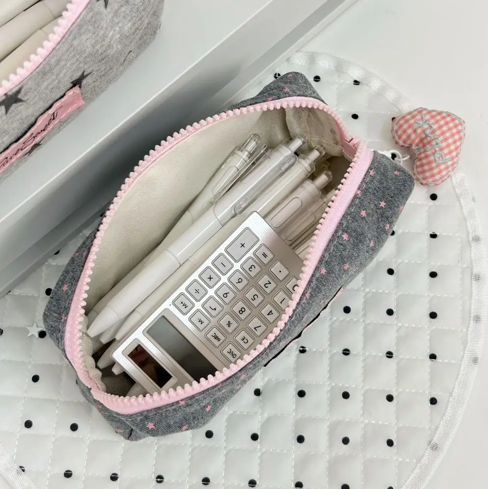 Pink Star Pencil Case, Cute Portable Large Capacity Stationery Bag Multifunctional Cosmetic Storage Pouch For Students