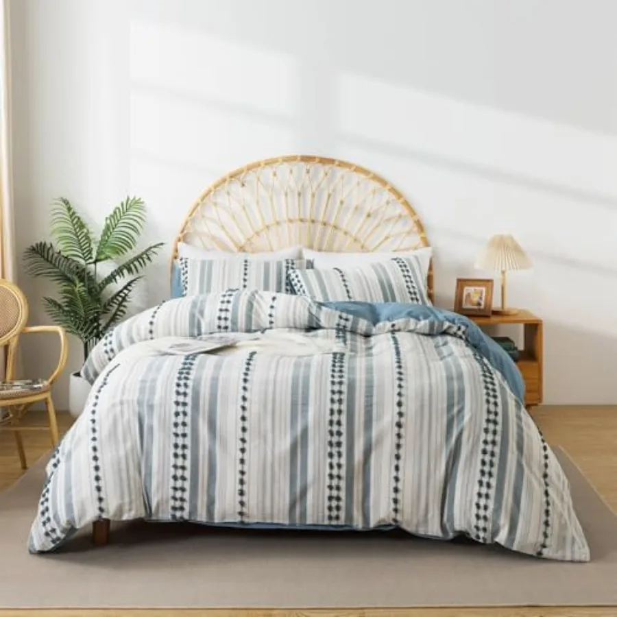 

Washed Cotton Size Duvet Cover Set - Tufted Dots Boho Chic Bedding for All Seasons Striped Pom Pom Bedding Linen Like Textured