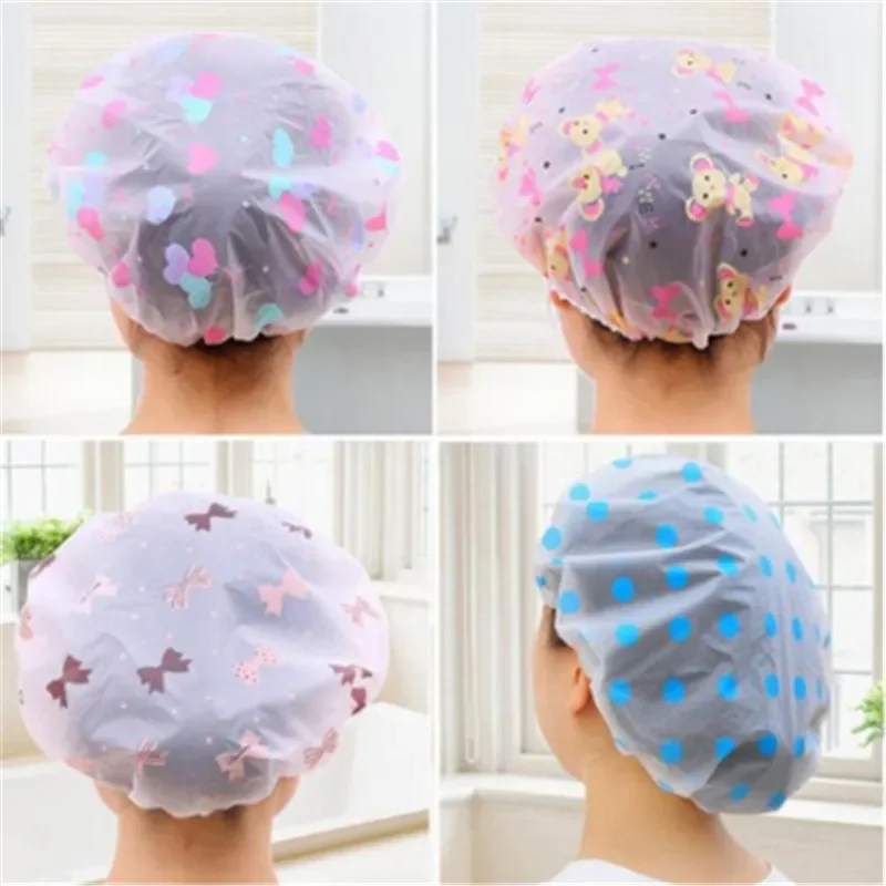 1pc New Waterproof Wave Point Bath Cap Hat Elastic Shower Hat Reusable Bath Head Hair Cover For Women Salon Shower Bathroom Tool