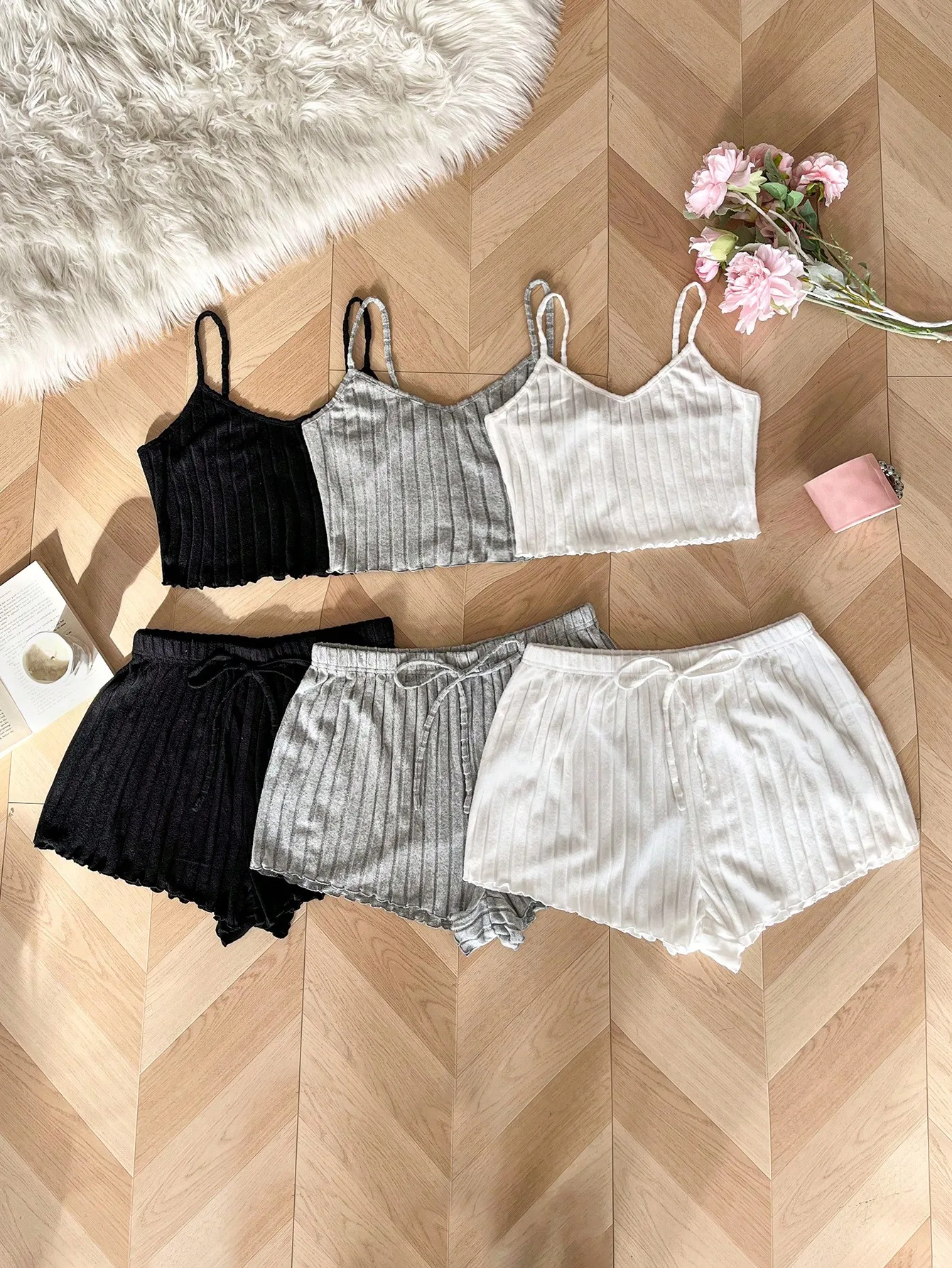 

6-Piece Ribbed Knit Camisole & Shorts Sleepwear Set for Women