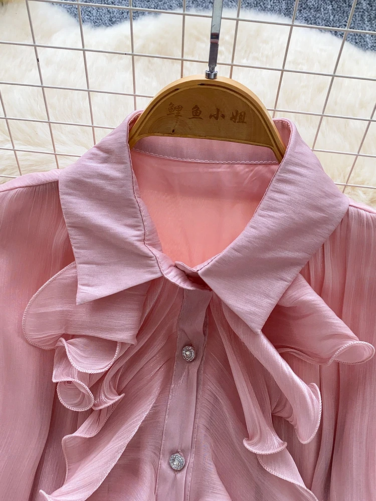 Summer French Sweet Ruffle Blouse Women's New Fashion Pink Short Sleeved Single Breasted Shirt Top W115