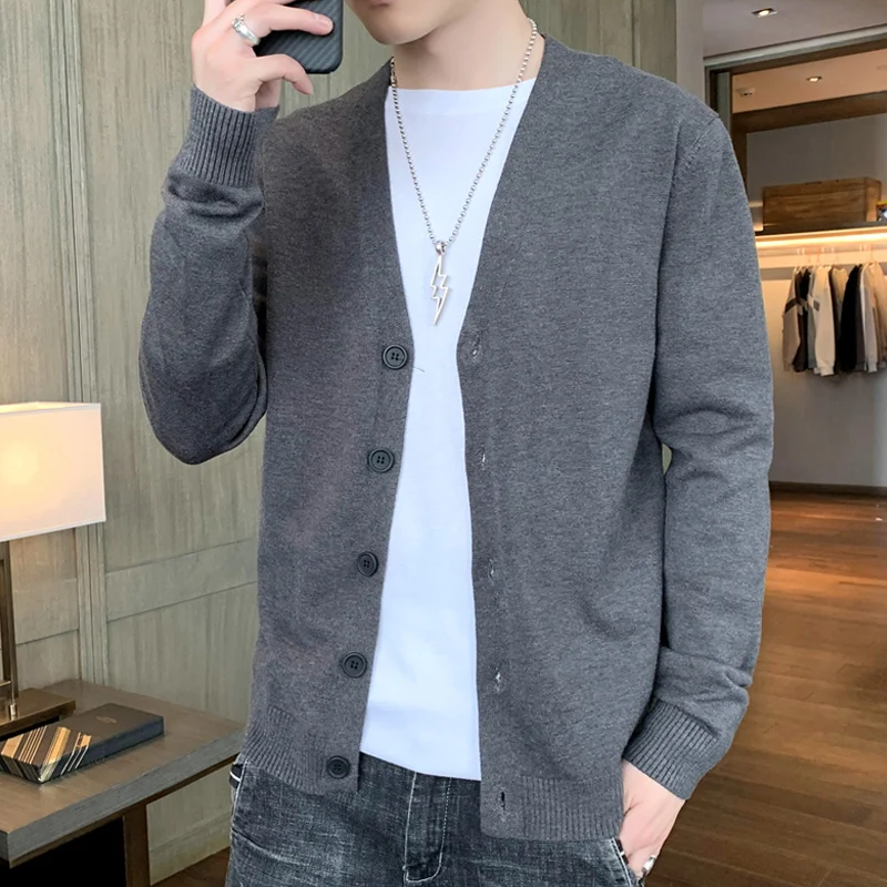 

2024 Spring Autumn New Men's Long Sleeve Cardigans Male Solid Color Sweater Coats Men Korean V-neck Slim Knitted Jackets P21