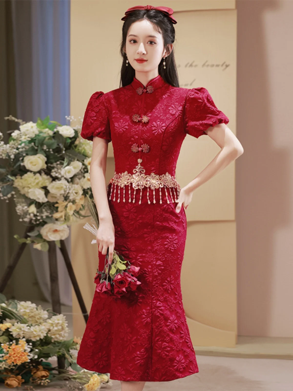 abito-da-sposa-cinese-elegante-a-sirena-vestito-da-fidanzamento-di-alta-gamma-manica-corta-vita-media-stile-vintage-colore-puro