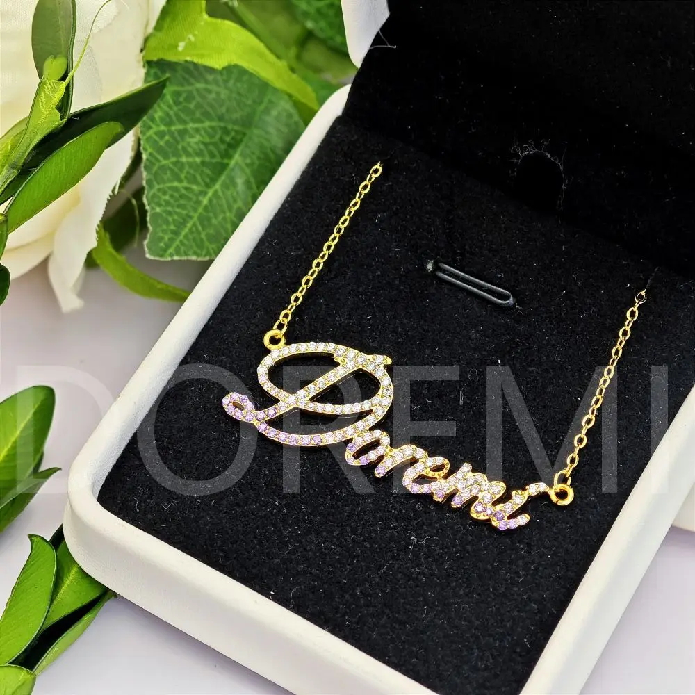 Imagem -03 - Doremi-colar Clássico Cursivo Personalizado Nome Personalizado Coração de Zircão Letras Completas de Cristal Colar de Presente Jóias