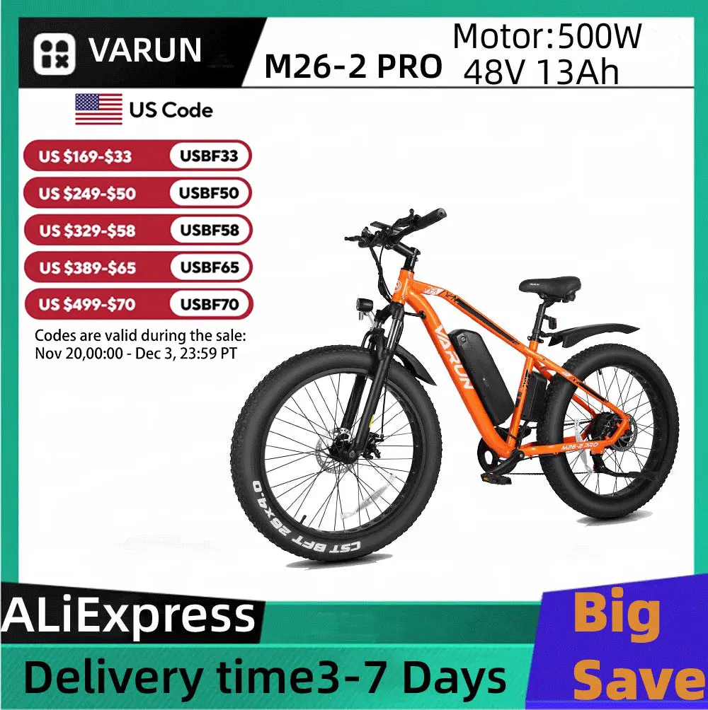 

VARUN M26-2 PRO Adult Electric Bicycle, 250W Motor Electric bike, 48V 13AH Battery City E-bike, 26 Inch Fat Tire E-Mountain bike