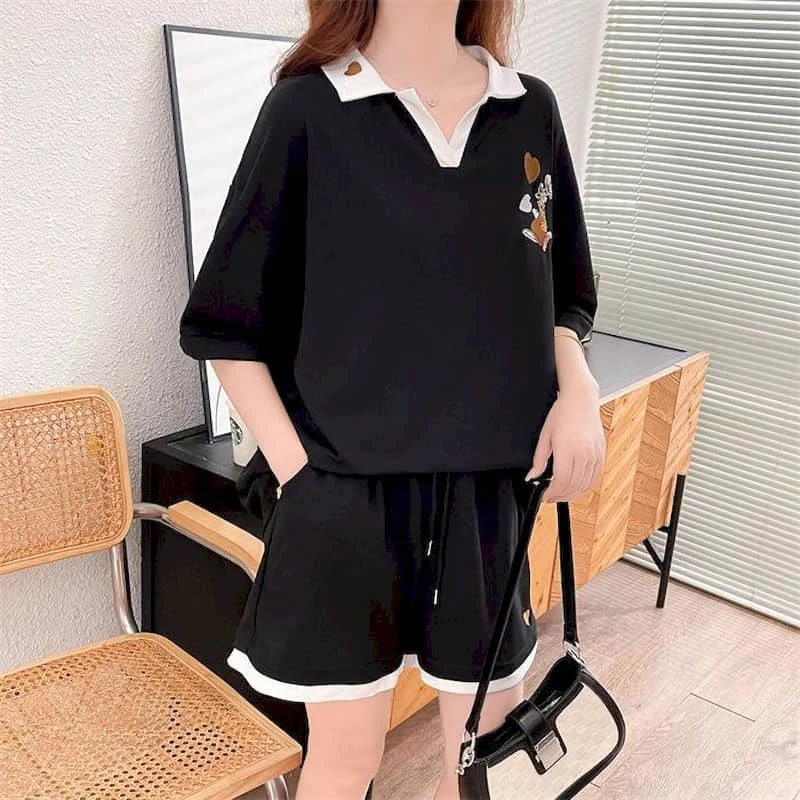 Sporty Shorts Set Loose Korean Style Casual Pants Sets Short Sleeve T-shirt 2 Piece Sets Women Outfits Summer Sportswear Suits