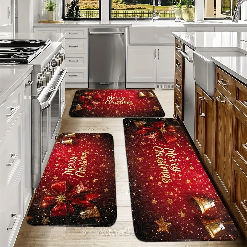 Christmas Kitchen Mat  with Bell Star Design, Non-Slip Stain Resistant Flannel Machine Washable Rug for Multi-Room Use
