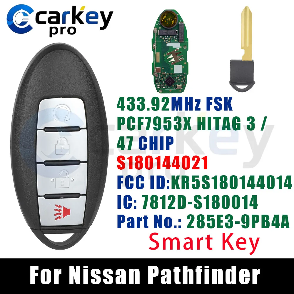 Carkeypro 3+1 Buttons Smart Car Key 433 MHz PCF7953X / HITAG 3 / 47 Chip S180144021 KR5S180144014 For Nissan Pathfinder